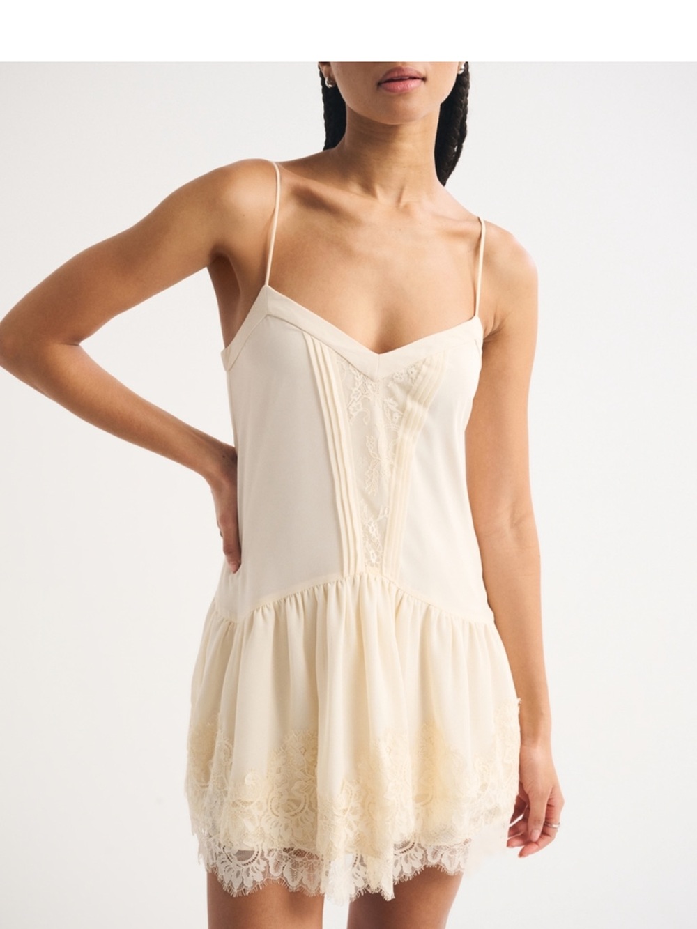 Abercrombie & Fitch Muted Cream V-NeckLace-Trim ruffle Slip Mini Dress NWT sz XS - Picture 3 of 5